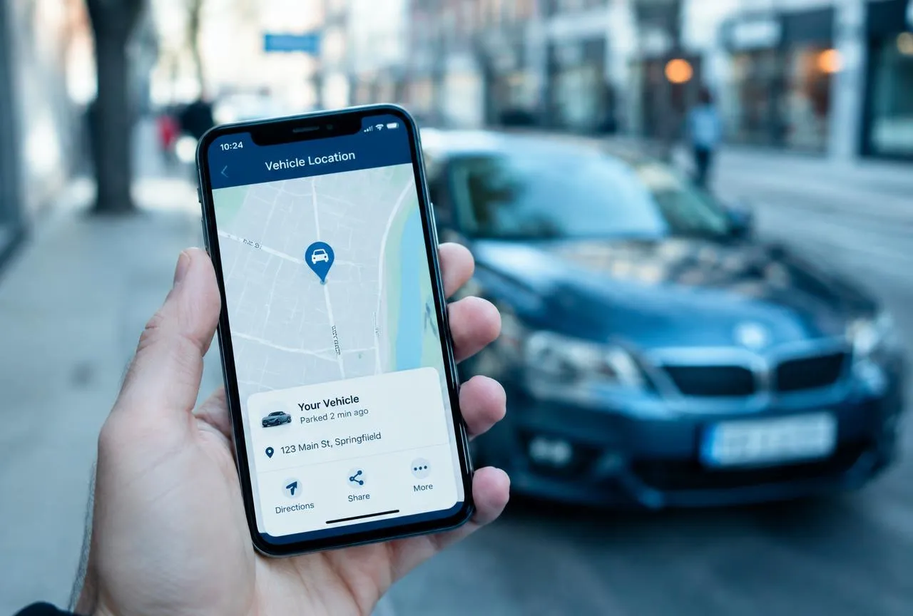 Mão segurando celular com mapa mostrando a localização do carro pelo rastreamento veicular