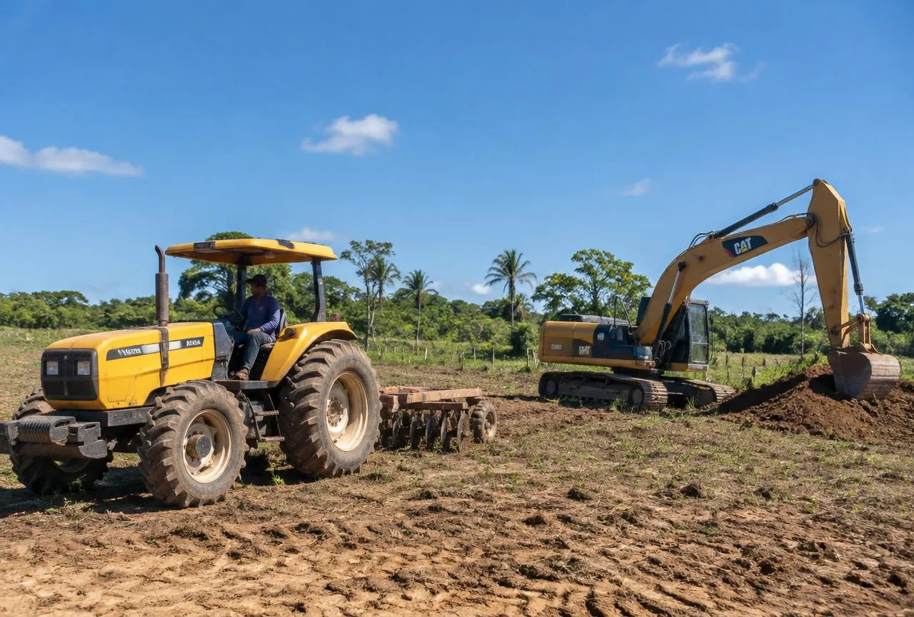 Trator amarelo e escavadeira trabalhando em fazenda no Maranhão protegidos pelo seguro de máquinas