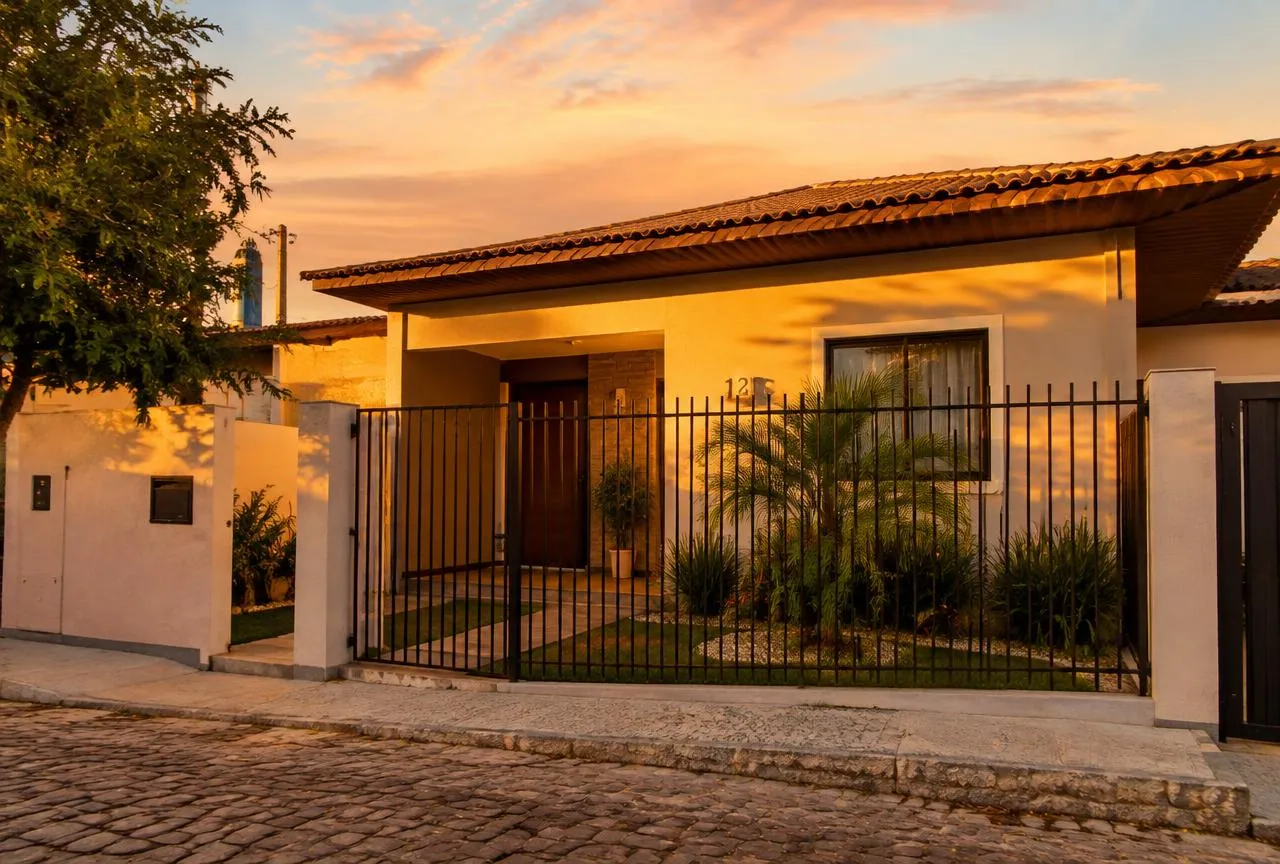 Fachada de casa com jardim e portão ao entardecer protegida pelo seguro residencial da Dames